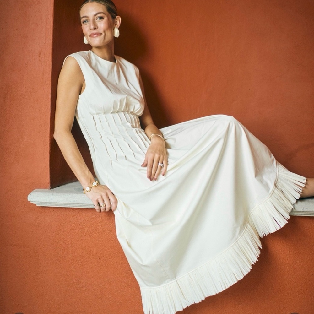 ANTONIO MELANI x M.G. Style Cream Sleeveless Maxi Dress with Fringe Hem NWT